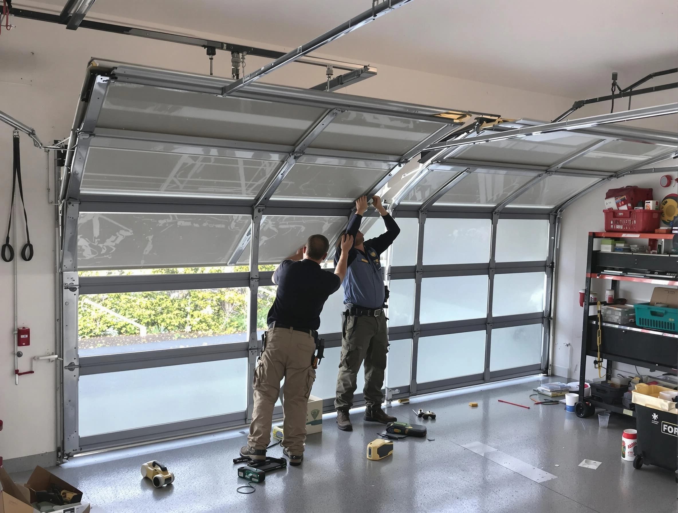 Douglasville Garage Door Repair expert performing precise panel replacement on Douglasville garage door