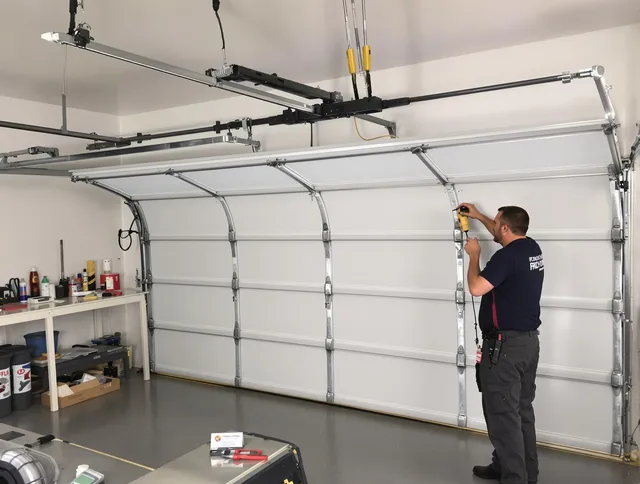Douglasville Garage Door Repair certified technician performing overhead door system repair in Douglasville